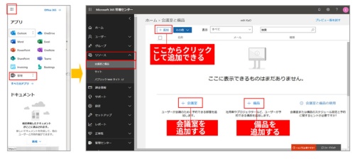 図2●Office 365の管理者の画面から、「リソース」→「会議室と備品」をクリック。右側に表示された画面の一覧から「＋会議室」を選ぶ。