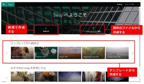図2●Swayのホーム画面。新規、テンプレート、既存のファイルから作成できる。