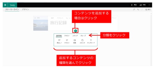 図5●コンテンツを追加する場合は「+」をクリック。一覧からコンテンツの種類を選んでクリックして追加する。