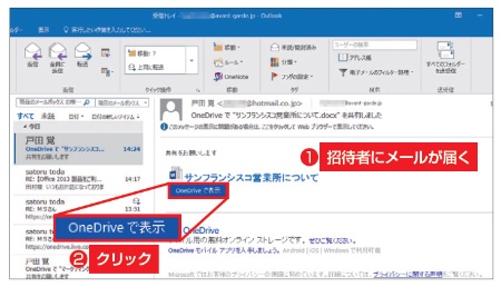 図3 招待される側にはこのようなメールが届くので、「OneDriveで表示」をクリックする。この図はOutlook 2016の画面例