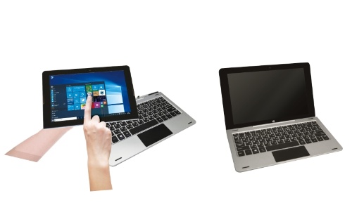 ドン・キホーテの「ジブン専用 PC ＆タブレット」。左が切り離し時、右がノートPCとしての使用時