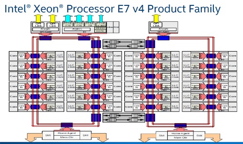 Xeon E7 v4（開発コード名はBroadwell-EX）では、コアを接続するリングバスを2本にして、その間をブリッジスイッチ（図中央）で接続していた。また、メモリーコントローラー（図下）やQPIリンク（図上）側にホームエージェントがあった。