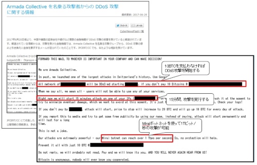 JPCERT/CCが2017年6月に出した注意喚起。中国や韓国、そして日本国内の金融機関が、脅迫型DDoS攻撃を受けた。